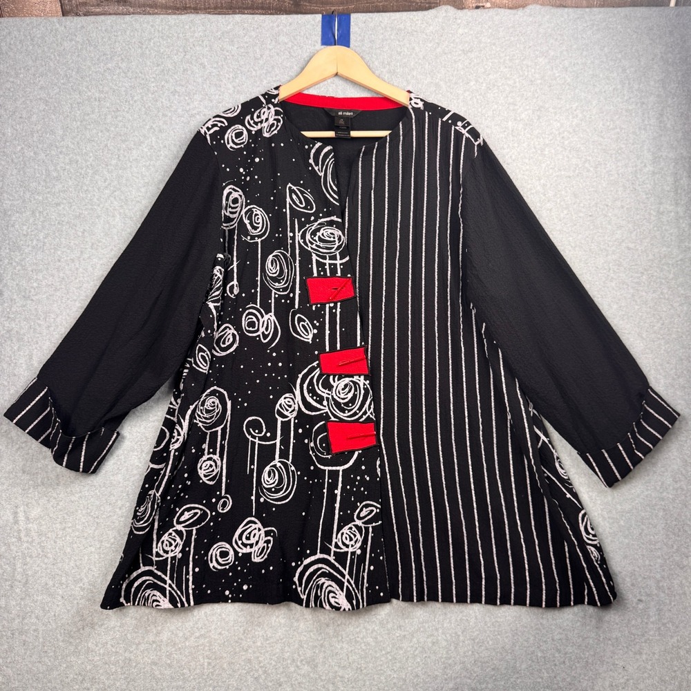 Ali Miles Tunic Top Womens 2X Black Red Abstract Striped Button Up Artsy Boho